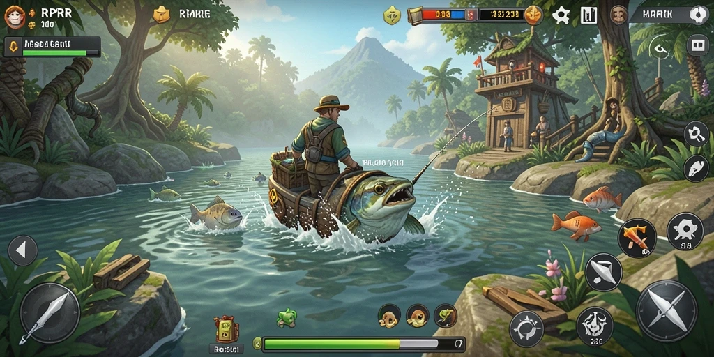Screenshot gameplay RPRR menampilkan aksi memancing dengan grafis indah.