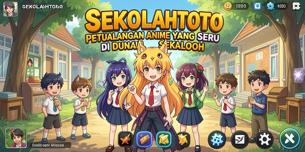 Screenshot gameplay SEKOLAHTOTO menampilkan karakter anime yang menarik.